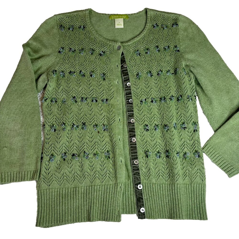 Sigrid Olsen Women's Green Open Front Knit Cardigan Sweater Silk‎ Blend Size M